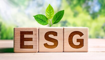 Sustainable Investment Wooden Cubes and Green Plant Symbolizing ESG