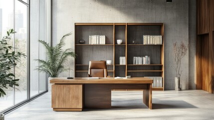 Fototapeta premium Simple office design with a wooden desk, concrete walls, and an organized bookcase. Panoramic windows open to a bright, airy space.