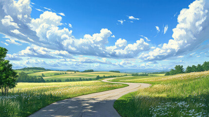Naklejka premium A serene rural landscape with a winding road under a vast blue sky, inviting the viewer to journey onward.