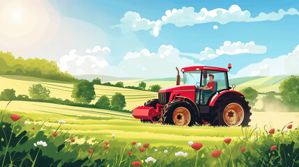 Fototapeta premium Family Farming Scene with Father and Son on Tractor