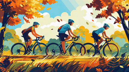 Fototapeta premium A group of three friends on bicycles wearing helmets, cycling in the park