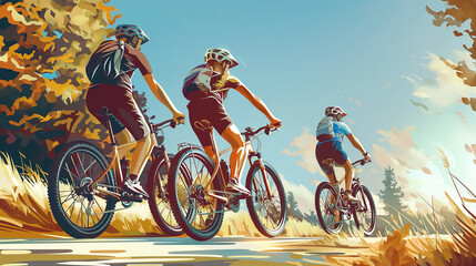 Obraz premium A group of three friends on bicycles wearing helmets, cycling in the city