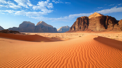 Naklejka premium A serene desert landscape with sand dunes under a strikingly clear blue sky, highlighting the stark beauty of nature.