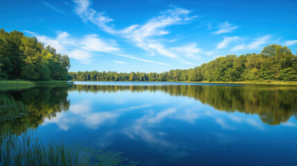 Fototapeta premium A crystal-clear blue sky reflected in a calm lake, creating a mirror-like effect that doubles the beauty of the scene.
