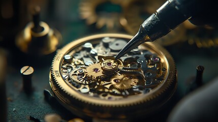 A watchmaker is working on the inner workings of a watch with tweezers.