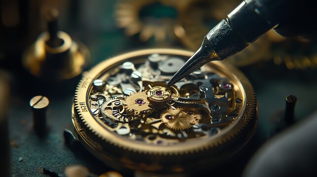 A watchmaker is working on the inner workings of a watch with tweezers.