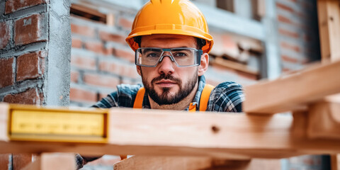 Construction worker wearing a yellow hard hat and safety glasses, focusing on measuring wood at a construction site, representing precision and building craftsmanship