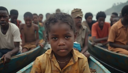 Obraz premium An African migrant refugee girl child in a boat with a crowd of people