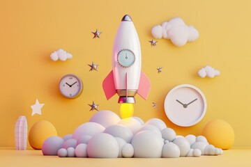 Rocket launching on yellow background, New Project, Start-up, Creativity, Big idea. Beautiful simple AI generated image