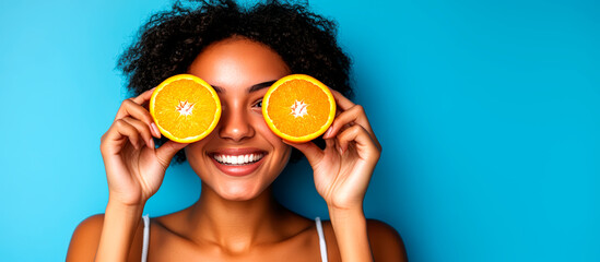 Smiling woman holding orange slices in front of bright background