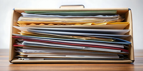 Folder filled with various documents and paperwork, paperwork, documents, organized, office supplies