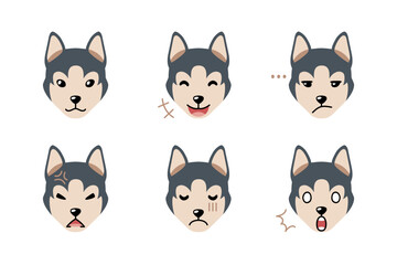 Set of cute character siberian husky dog faces showing different emotions for design.