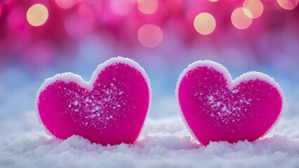 Obraz premium Two pink hearts covered in frost resting on snow with blurred bokeh lights in the background. Winter love and holiday concept. Design for greeting card or poster