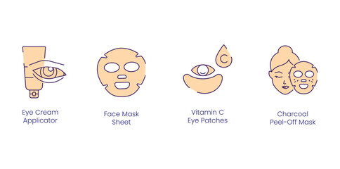 Eye Care and Facial Masks Icons: Eye Cream, Applicator, Face Mask Sheet, Vitamin C Eye Patches, Charcoal Peel-Off Mask