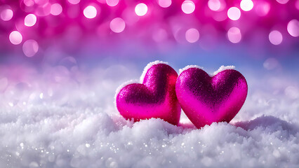 Fototapeta premium Two pink glitter hearts in snow with bokeh lights in the background with copy space. Romantic winter holiday concept. Valentine's Day greeting card design