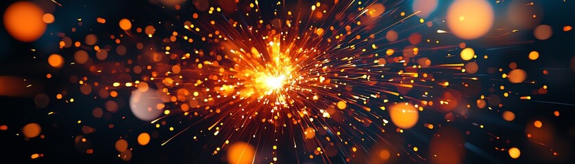 Naklejka premium Captivating spark explosion against a dark backdrop, radiating vibrant orange tones, ideal for festive and energetic themes.
