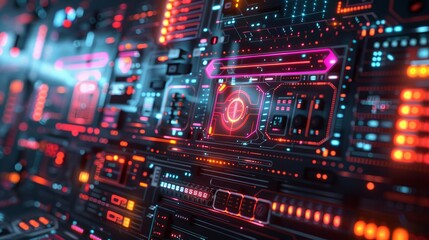 Obraz premium High-tech sci-fi background with glowing neon lights and advanced digital interfaces