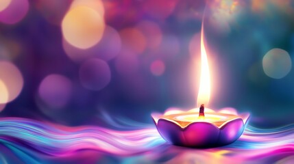 A vibrant candle flickering against an abstract colorful background, creating a serene and warm atmosphere for meditation or celebration.