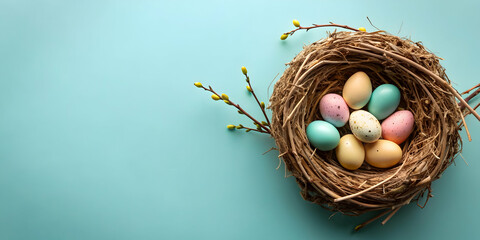 Fototapeta premium Easter poster with eggs in nest on light blue background, Easter, poster, banner, template, eggs, nest, light blue