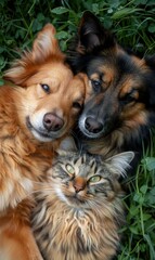 A cat and two dogs cuddle together in the grass. AI.