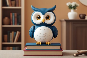 Obraz premium Charming 3D Owl Cartoon Sitting on a Book Embracing a Cozy Theme of Wisdom and Fun