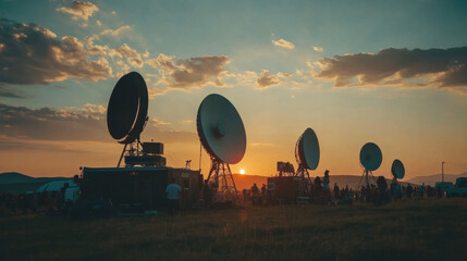 A group of satellite dishes in field during sunset, surrounded by people enjoying view. scene captures serene atmosphere with beautiful colors in sky