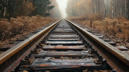 Naklejka premium Railway tracks in a field with dry grass and blue sky