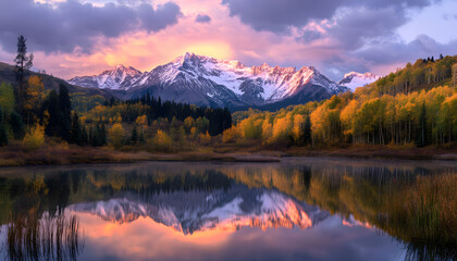 Fototapeta premium Nature Bliss: A serene mountain landscape with a lake reflecting the snowy peaks at sunrise