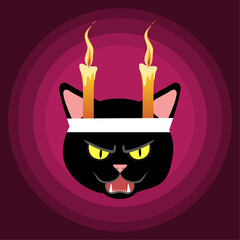 丑の刻参りの怒った顔の黒猫のイラスト