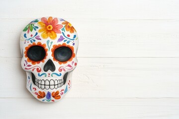 A vibrant, decorative skull adorned with colorful flowers, symbolizing the Day of the Dead celebration.