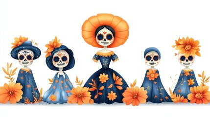 Colorful sugar skull characters in vibrant attire celebrate life and tradition with floral motifs and festive designs.