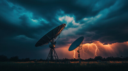 A satellite dish stands tall during dramatic lightning storm, capturing intensity of natures power. dark clouds and bright flashes create striking contrast