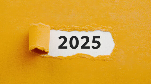 A photo of a torn section of a white paper against a bright orange background, revealing the number '2025' in black. The torn edge of the paper is curled upwards, partially exposing the orange BG