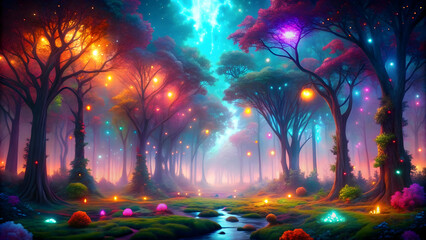 Obraz premium Fantasy neon forest with glowing colors like a fairytale , Neon, forest, colorful, fantasy, magical, enchanting, beautiful