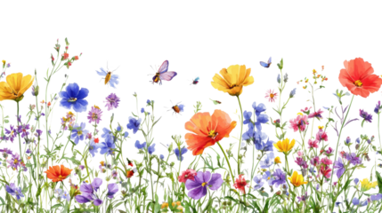 A vibrant illustration of blooming flowers in a sunny garden with daisies and lush greenery