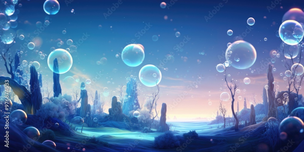 Wall mural A whimsical landscape filled with floating bubbles and ethereal trees. AI.