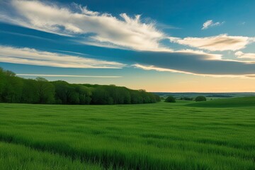 Vibrant Green Meadows Beneath a Clear Blue Sky with Floating Clouds