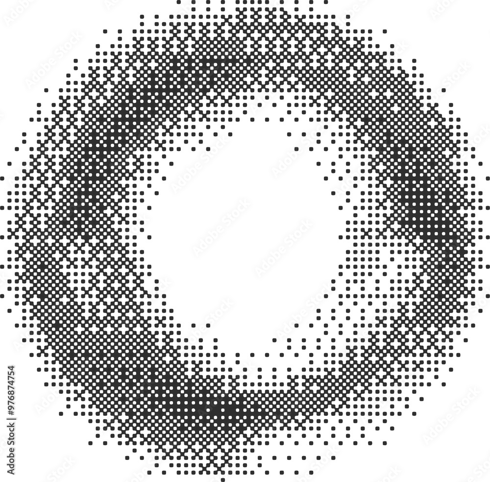 Poster bitmap pixel arcade game effect. circle frame with bit pattern texture. round y2k halftone element. 