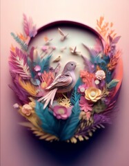 Obraz premium A paper bird perched amidst a circle of vibrant, layered paper flowers and leaves.