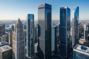 Fototapeta premium Aerial View of Modern Financial Architecture in a Tech-Savvy Urban Metropolis with Sleek Skyscrapers