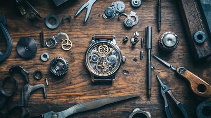 The intricate inner workings of a watch laid out on a wooden surface.