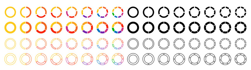 Pie charts diagrams. Set of different color circles isolated.  Set of circles. Infographic element round shape. Vector illustration.