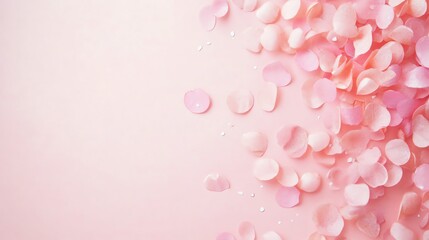Fototapeta premium A pink background with pink rose petals and silver confetti on the right.