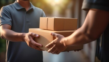 A delivery person hands a package to a customer.  The customer is smiling and appears happy.  The photo conveys a sense of satisfaction and convenience.