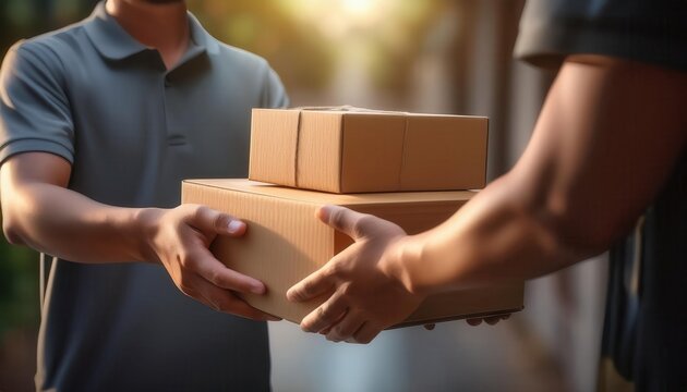 A delivery person hands a package to a customer.  The customer is smiling and appears happy.  The photo conveys a sense of satisfaction and convenience.