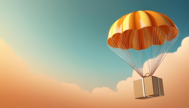 A brown package descends from the sky attached to a yellow and orange parachute. The package is falling through the clouds with a bright blue sky in the background.