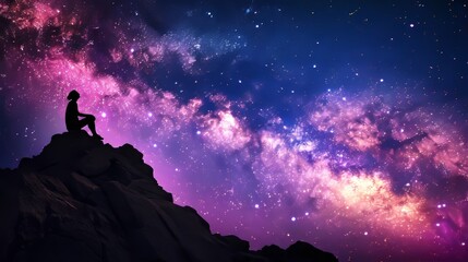 Fototapeta premium Tranquil Night, Stargazer in Awe of a Vibrant Milky Way. Minimalistic, Astronomy Concept.