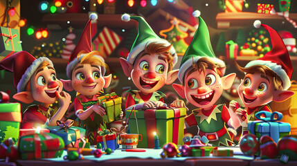 Cartoon Christmas Elves Wrapping Gifts in a Colorful Workshop Filled with Toys and Lights