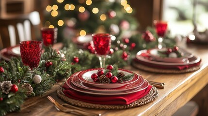 Naklejka premium festive christmas dinner table decorated with red and green accents, evoking a warm and inviting holiday atmosphere