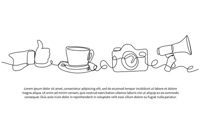 Continuous one line design of find ideas in photography hobbies. Minimalist style vector illustration on white background.